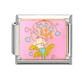 Italian charm link featuring a pink enamel background with a cute white puppy and flowers - 1x0.9cm / Wind Chime Rabbit