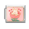 Italian charm link with white bunny and pink rose on stainless steel module - 1x0.9cm / Rose Rabbit