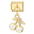 Italian charm link with gold cherry pendant featuring sparkling white zircons - Gold Base Pendant-White Zircon Cherry
