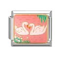 Italian charm link with pink enamel background and two white swans forming a heart - 1x0.9cm / Swan