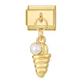 Italian charm bracelet link in gold finish with pearl and textured pendant detail - Gold Base Pendant-Pearl Shell