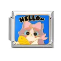 Italian charm link with cute cartoon cat and yellow fish on blue background - 1x0.9cm / Hello Cat