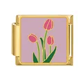 Italienisches Charm-Glied mit rosa Tulpen auf lila Hintergrund mit Gold-Finish - Tulpenmuster (Goldenes Blumenmuster-1)