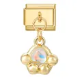 Golden modular paw print charm with iridescent opal stone for DIY link bracelets - Gold Base Pendant-White Cat Paw