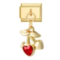 Italian charm link with a golden cherry pendant featuring red crystal heart - Gold Base Pendant-Red Heart Cherry