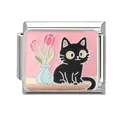 Italian charm featuring black cat and pink tulips on a stainless steel modular link - Pink Tulip Black Cat (5890392952377)