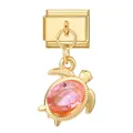 Italian charm link with a golden turtle pendant and pink faceted gemstone crystal - Gold Base Pendant-Pink Turtle