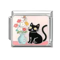 Italian modular charm link in stainless steel featuring an enamel black cat and flowers - Black Cat and Colorful Potted Flowers (5890392952378)