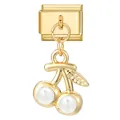 Italian modular charm link in gold featuring a double cherry with white pearls - Gold Base Pendant-Pearl Cherry