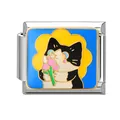 Italian charm bracelet link featuring a cute enamel cat with pink flowers in silver - 1x0.9cm / Flower Smelling Cat