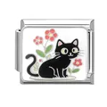 Italian charm bracelet link in stainless steel with black cat and red flower enamel - Black Cat and Red Flower (5890392952380)