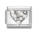 Italian charm link featuring a heart-shaped frame with pearls and crystals on silver steel - 1x0.9cm / Pearl Rhinestone Heart Style