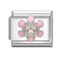 Italian charm link with pink enamel flower and sparkling center crystal in silver - 1x0.9cm / Pink Flower Ball