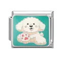 Italian charms bracelet link featuring a cute white cartoon puppy on a green enamel base - Green Background Bichon (5890392952383)