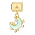 Modular gold charm link with light green enamel moon and sparkling zircon stones - Gold Base Pendant-Blue Moon
