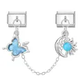 Italian charm bracelet links with blue butterfly and sun-moon pendants in silver finish - Blue Butterfly and Blue Moon