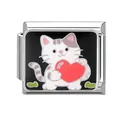 Italian charm featuring a white cat holding a red heart on a black stainless steel link - Hugging Heart White Cat (5890392952387)