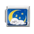 Italian charm link featuring a white dog sleeping on a yellow moon with stars - Sleeping Bichon on Moon (5890392952388)