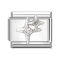 Maillon de charme italien en acier poli avec motif double étoile et zircone clair - 1x0,9 cm / Double Étoile à Quatre Pointes
