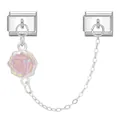 Modulares Edelstahl-Element mit feiner Kette und einem 3D-Anhänger in Rosenform - Rosa Blume (M292302) / Silber-Rosa Rose