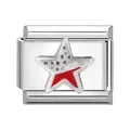 Charme modulaire italien en acier argenté avec émail rouge et motif d'étoile argentée - 1x0,9 cm / Pentagramme