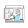 Maillon de charme modulaire en acier avec motif étoile de mer coquillage et perle bleue - 1x0,9 cm / Météore Bleu