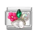 Maillon italien avec motif floral rose et zircon coloré en acier inoxydable poli - 1x0,9 cm / Fleur Rose Style B