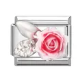 Charm modulaire italien en acier inoxydable avec rose rose 3D et feuille scintillante - 1x0,9 cm / Fleurs roses et feuilles