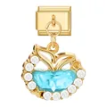 Gouden Italiaanse link bedel met lichtblauwe edelsteen en walvisstaart met kristallen - Gouden Basis Hanger - Blauwe Visstaart