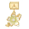 Italiaanse charm link met een gouden bloemenhanger, emaille bloemblaadjes en vlinders - Gouden Basis Hanger - Groene Bloem