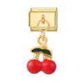 Italiaanse bedelarmband link met gouden kersenhanger in rood en groen emaille afwerking - Gouden Basis Hanger - Rode Kers