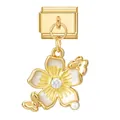 Italiaanse gouden bedel met witte emaille bloem, kristal en pareldetail - Gouden Basis Hanger - Gele Bloem