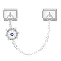 Italian charm link with silver ship wheel pendant and evil eye design set with crystals - Diamond Inlaid Rudder Eye Style (Eye 8)