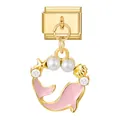 Italiaanse stijl gouden bedel met roze emaille walvisstaart en parels voor DIY-armbanden - Gouden Basis Hanger - Roze Vis