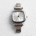 Minimalist silver cushion-shaped stainless steel watch with link strap on a textured surface - Cushion Case Watch Head (White Dial) / Silver