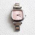 Women's minimalist silver stainless steel watch with a soft pink dial and link band - Cushion Case Watch Head (Pink Dial) / Silver