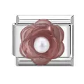 Italian style stainless steel link charm with a pink resin camellia and white pearl - Coffee Floral