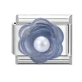 Italienisches Charm-Glied mit blauer Kamelie und weißer Perle aus silbernem Edelstahl - Halbdurchsichtige Blaue Kamelie Mit Perle / Blaue Blume 1