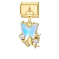 Italienischer Modul-Charm in Gold mit blauem Schmetterling, Perlen und Kristallen für DIY - Goldener Boden - Blauer Schmetterling