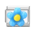 Italienisches Charm-Glied mit blauer 3D-Blume auf polierter Edelstahlbasis für Armbänder - Blaue Fünfblättrige Blume Mit Gelber Mitte / Blaue Blume 2