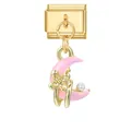 Italienisches Armband-Modul mit rosa Emaille-Mond und winzigem Perlenanhänger - Gold Basis Anhänger - Rosa Mond