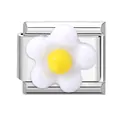 Italian charm link with a white and yellow daisy flower on a silver stainless steel base - White Floral