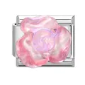 Vintage style stainless steel charm link with a 3D pink resin glitter rose flower - Pink Floral