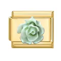Italienisches Charm-Glied mit goldener Basis und einer mintgrünen Perlmutt-Rose - Grüne Rose Perlmutt-Stil / 1cm x 0,9cm