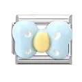 Italian charm bracelet link with light blue bow design on stainless steel base - Blue Bow