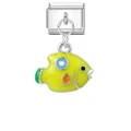 Charm modulare italiano con pesce tropicale in smalto giallo su base in acciaio lucido - Ciondolo Pesce Verde