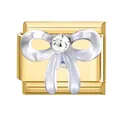 Italienischer Modul-Charm aus vergoldetem Edelstahl mit silberner Schleife und Zirkonia - Blaue Schleife Strass Stil / 1cm x 0,9cm