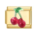 Italian charm link with red glitter cherry design on polished golden metal base - Cherry 1