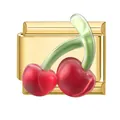 Italian charm link featuring golden metal base with red and green translucent cherries - Cherry 2