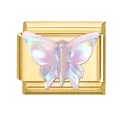 Italienischer Armband-Charm mit goldener Edelstahlbasis und schillerndem Schmetterling - Rosa Schmetterling Perlmutt-Stil / 1cm x 0,9cm